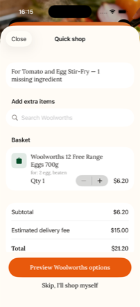 Missing ingredients as a shopping basket